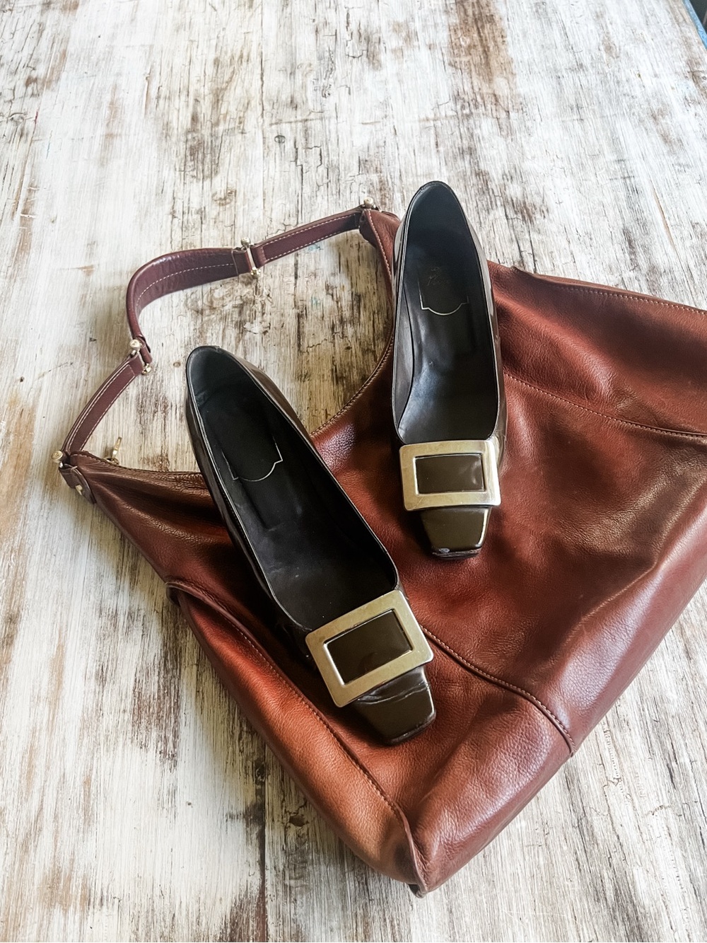 Vintage Roger Vivier Dark Brown Patent Belle Vivier Low Heeled Pumps 37.5 / 7.5